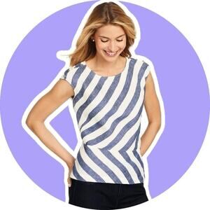Talbots Women Linen Sleeveless Peplum Blouse Top Linen Blue Stripe 18 20 2X